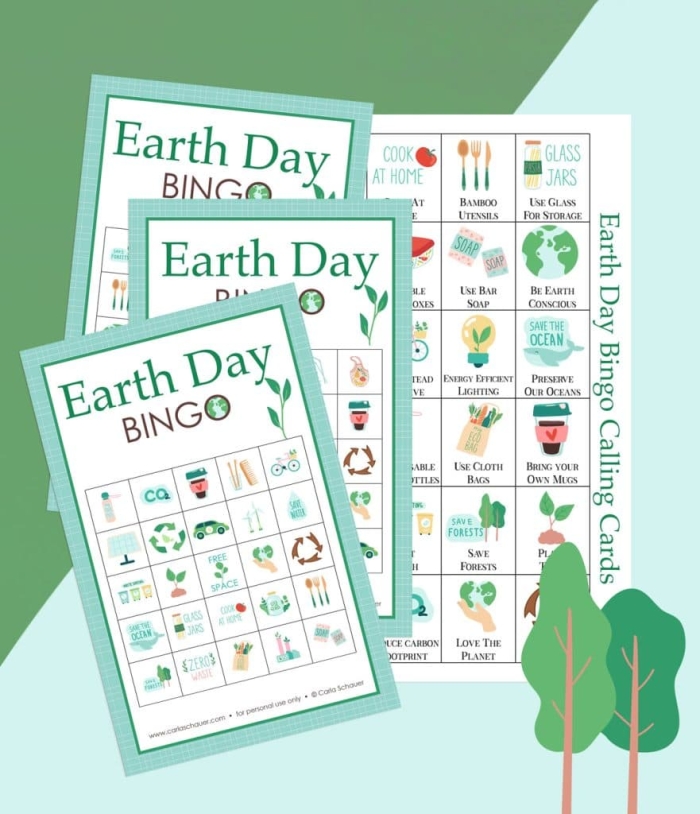 Pre-K Earth Day Bingo Board worksheet featuring fun nature and recycling activities for math practice