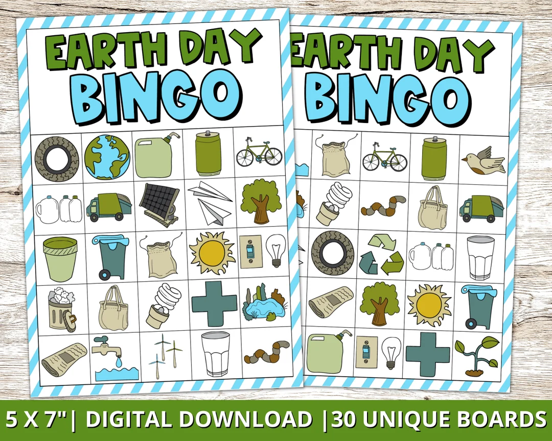 Colorful Earth Day Bingo Board worksheet featuring Pre-K place value and nature activities