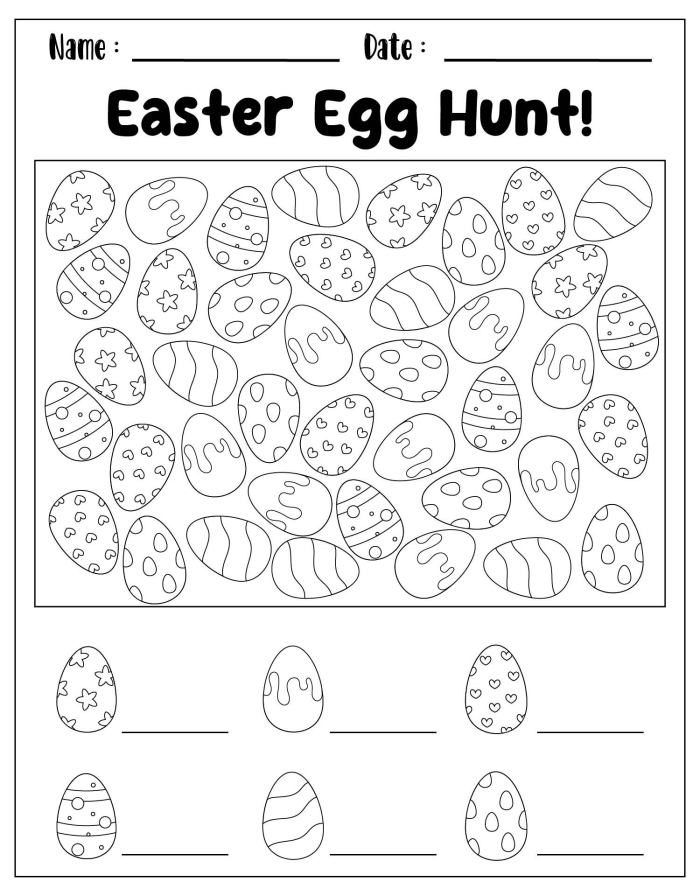 Pre-K student coloring an Easter egg and bunny math worksheet for holiday practice
