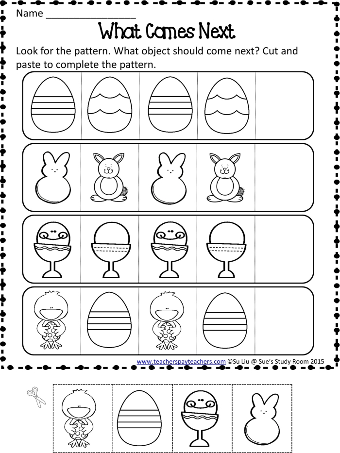 Pre-K algebra worksheet featuring cute Easter eggs, bunnies, and chicks for holiday coloring practice