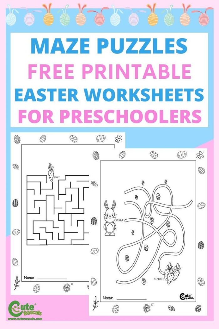 Pre-K phonics worksheet featuring an Easter alphabet maze for tracing and filling in missing letters 21