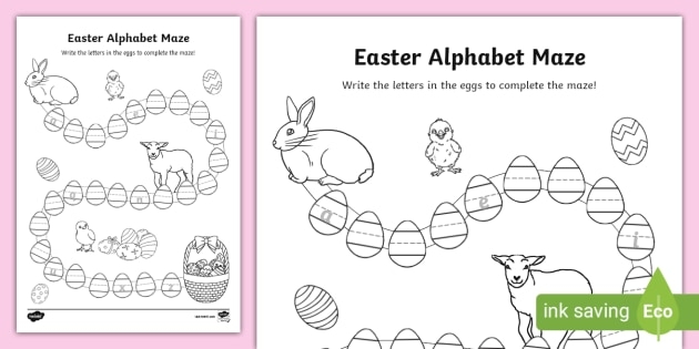 Pre-K student tracing letters on an Easter-themed alphabet maze phonics worksheet