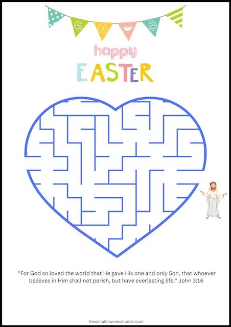 Pre-K student tracing alphabet letters on an Easter bunny maze worksheet for phonics practice