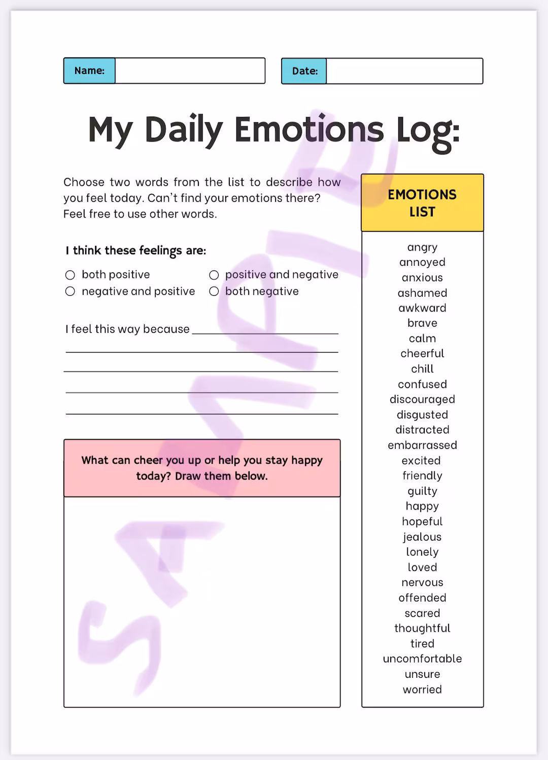 Cover design and drawing activity for a social emotional learning worksheet Emotions Journal worksheet for Pre-K students featuring a cover design and drawing prompt
