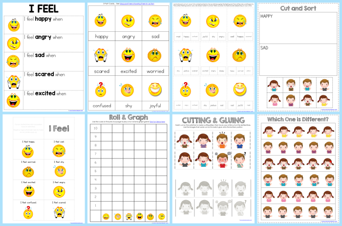 Pre-K worksheet featuring matching activities for the five senses and emotional expressions