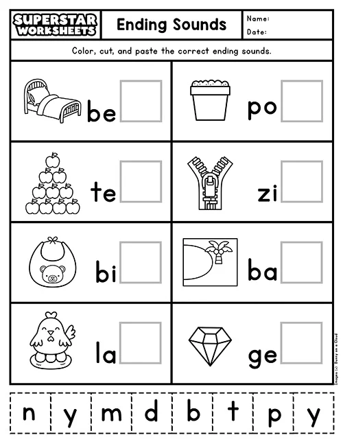 End Sounds Worksheet 9 Phonemic Awareness Activity for Preschoolers Pre-K worksheet page featuring picture prompts to help children practice identifying final consonant sounds