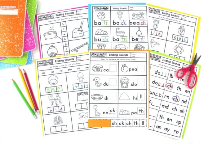 End Sounds Recognition Exercise 14 for Beginning Readers Pre-K students practice identifying ending sounds of pictures with this phonics learning worksheet activity