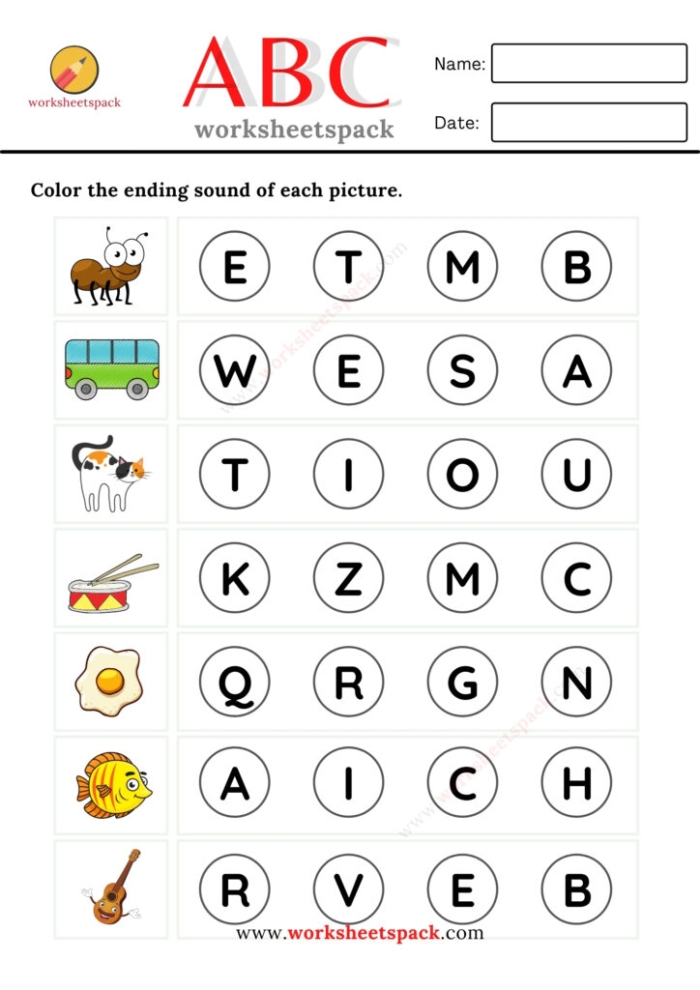 End Sounds Picture Recognition Activity for Beginning Readers Pre-K students identifying ending sounds of objects in colorful pictures for phonics learning