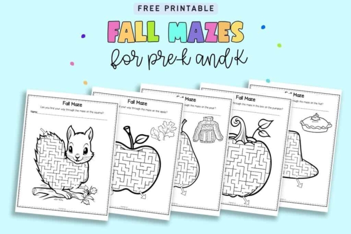Pre-K fall maze worksheet featuring a path to collect pumpkins for a pumpkin patch
