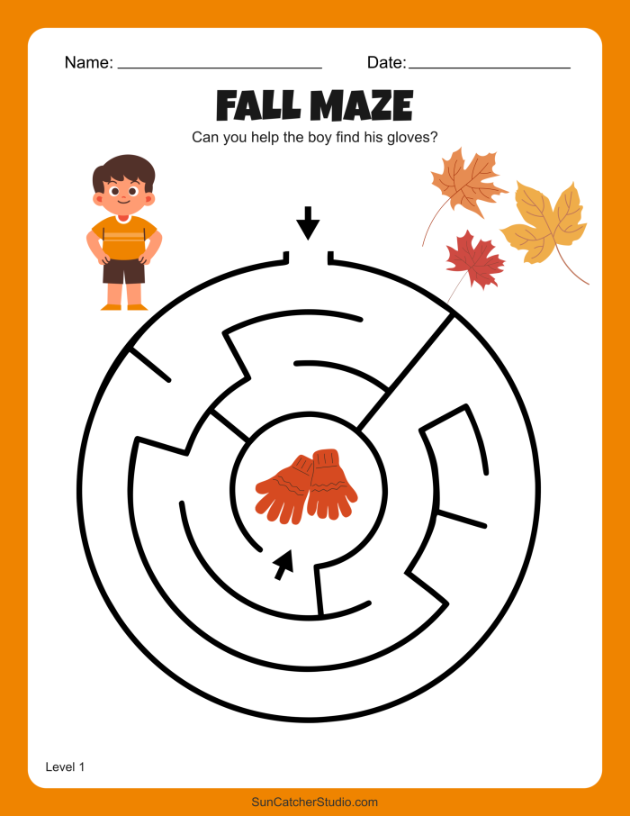 Colorful Fall Maze worksheet with pumpkins for Pre-K children