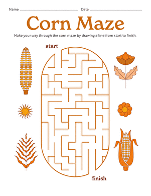 Colorful Fall Maze worksheet for Pre-K students featuring pumpkins and a pumpkin patch