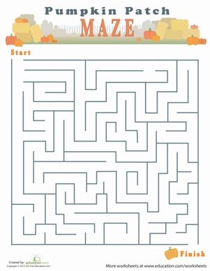 Pre-K printable fall maze worksheet featuring pumpkins to collect and a pumpkin patch goal