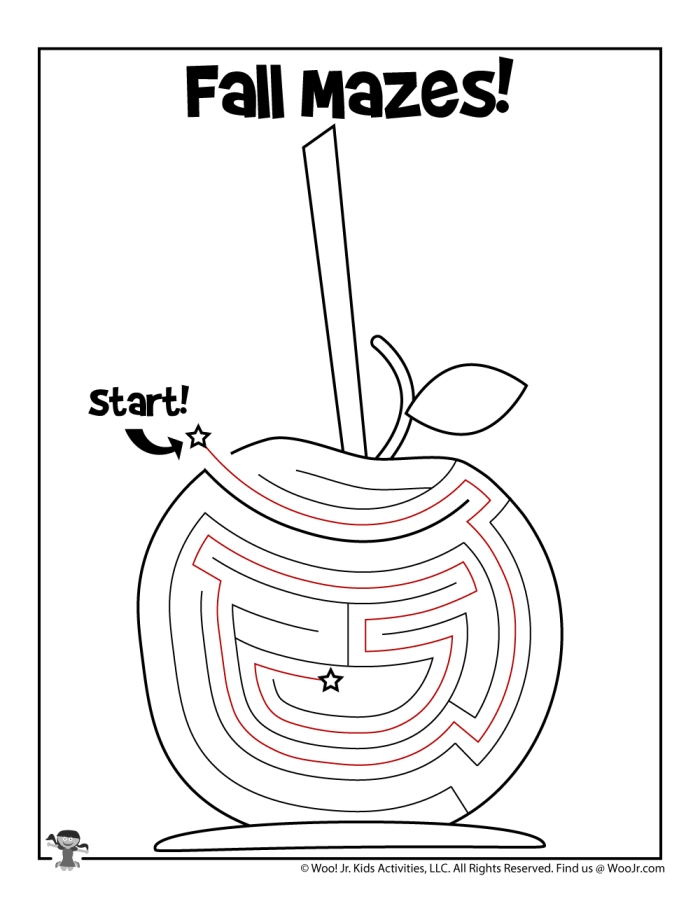 Fall Maze worksheet for Pre-K students featuring pumpkins to collect
