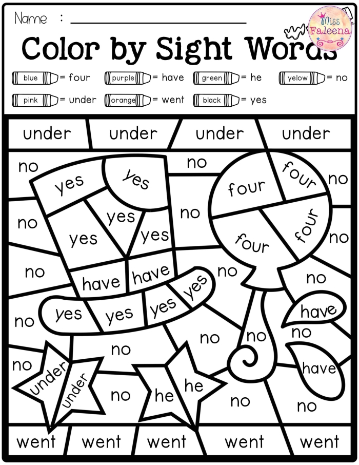 Pre-K worksheet featuring a fun art activity where children color the sight word "find" as a whimsical creature