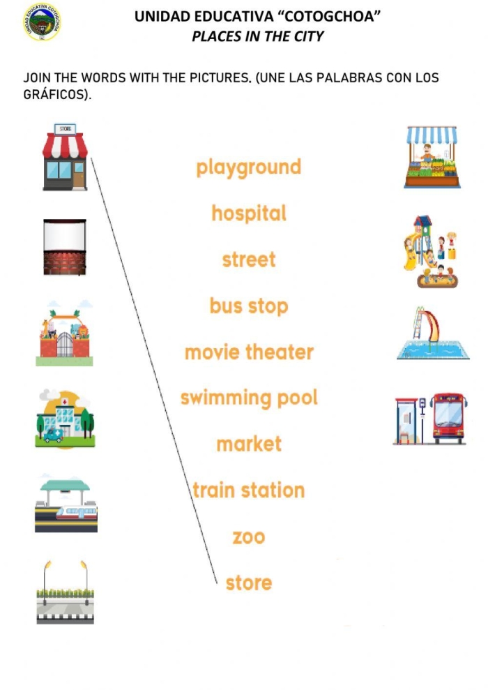 Trace and Color the City Worksheet 17 - Fine Motor Practice Activity for Preschool Pre-K student tracing dotted lines of city buildings and coloring them in to develop fine motor skills and hand strength for writing