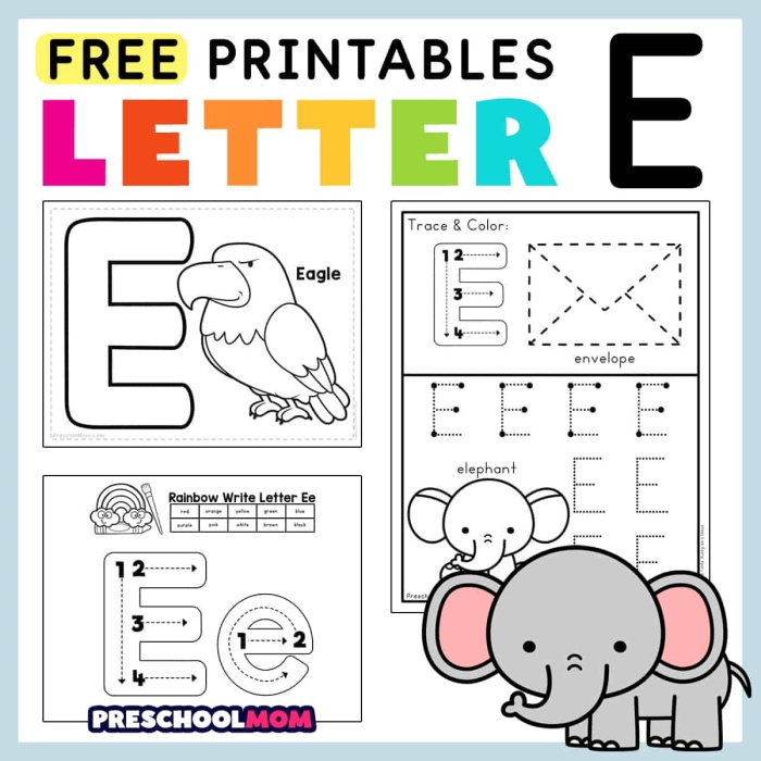 Pre-K student practice worksheet for tracing the letter E with fine motor skill exercises