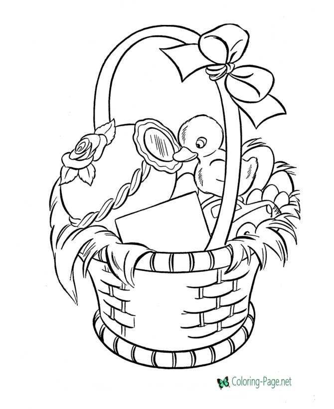 Easter basket filled with decorated eggs and spring flowers for preschoolers to color and practice fine motor skills