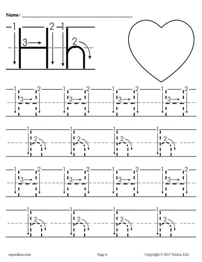 Practice Tracing the Letter H worksheet for early writing development Worksheet for tracing the letter H designed for Pre-K students to improve fine motor skills