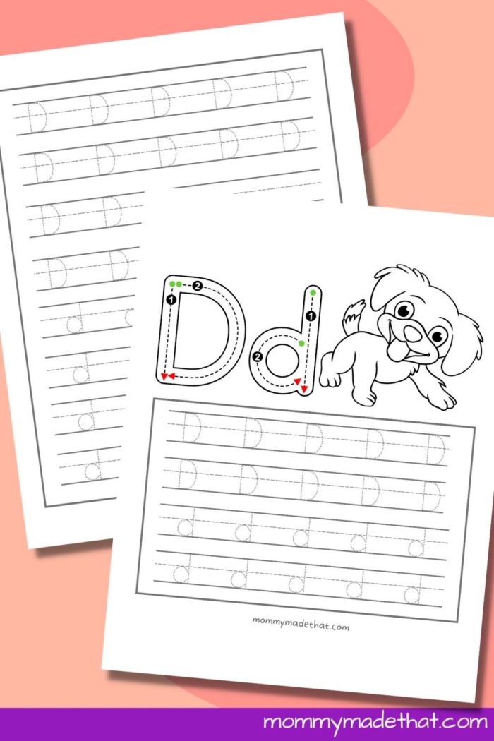 Child tracing dotted lines and the letter D on a pre-K writing worksheet to develop fine motor skills