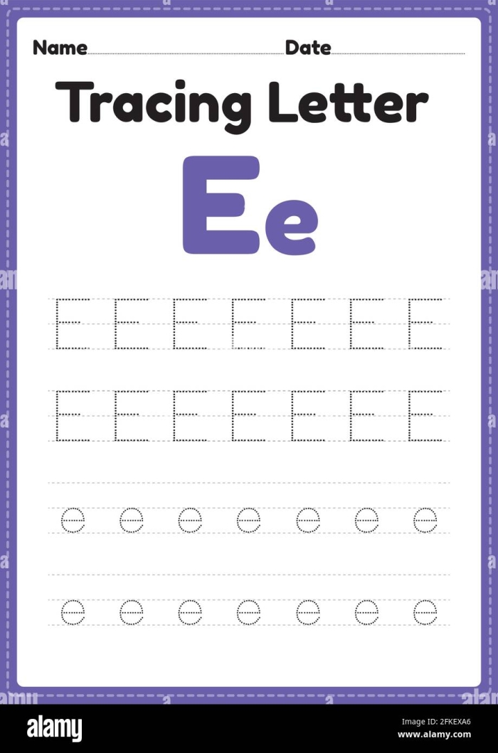 Prekindergarten child practicing fine motor skills by tracing lines and the letter E on a worksheet