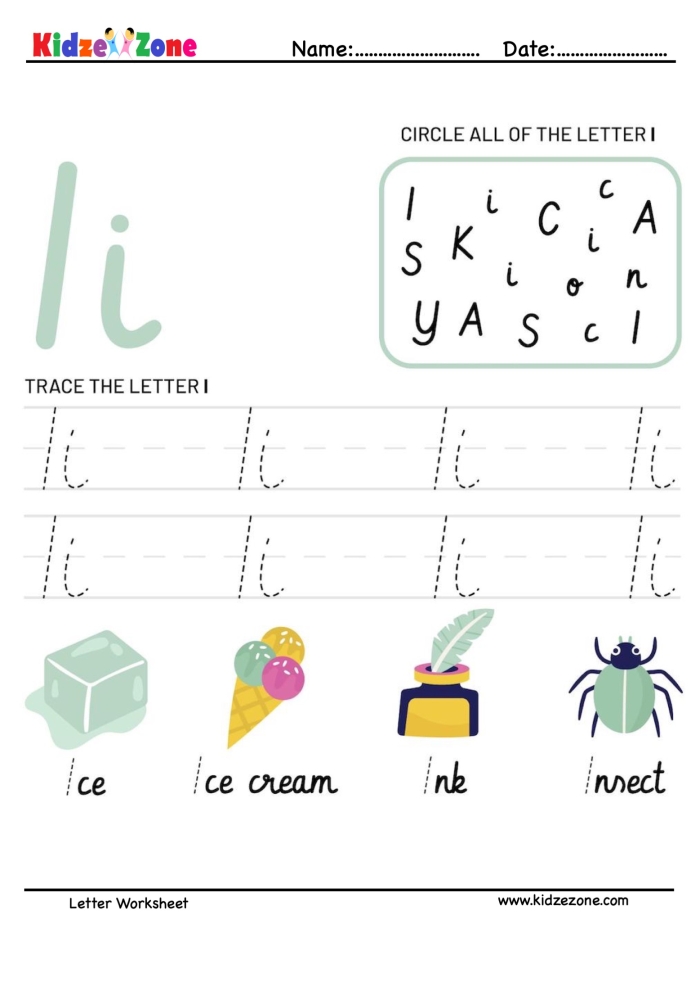 Worksheet for tracing the letter I to enhance writing skills in young learners Prekindergarten students practicing tracing the letter I on a fine motor skills worksheet