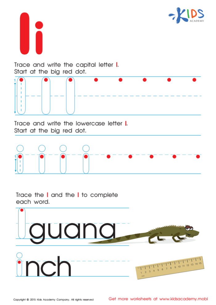 Practice Tracing the Letter I worksheet for young learners in geography Worksheet for practicing tracing the letter I to enhance fine motor skills in Pre-K children