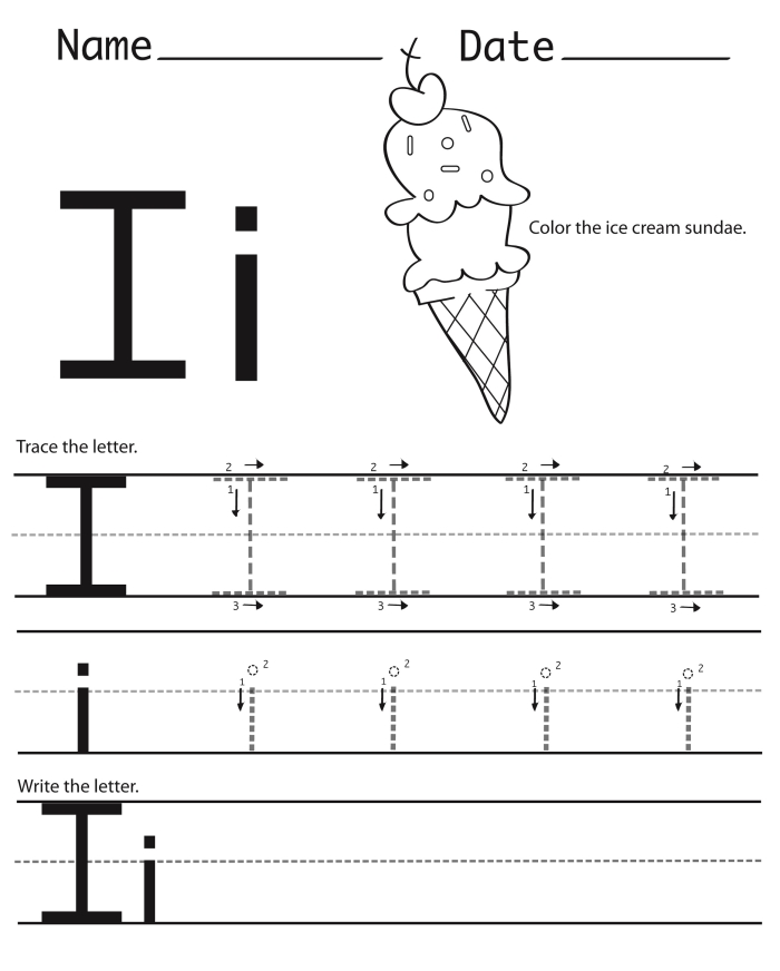 Worksheet for tracing the letter I for early literacy development in young learners Prekindergarten students practicing tracing the letter I to enhance fine motor skills