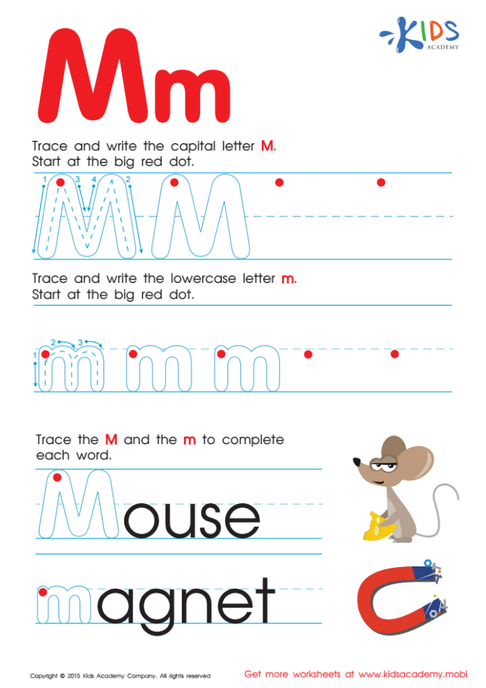 Practice Tracing the Letter M for Pre-K Learners Worksheet for tracing the letter M designed for prekindergarten students to enhance fine motor skills