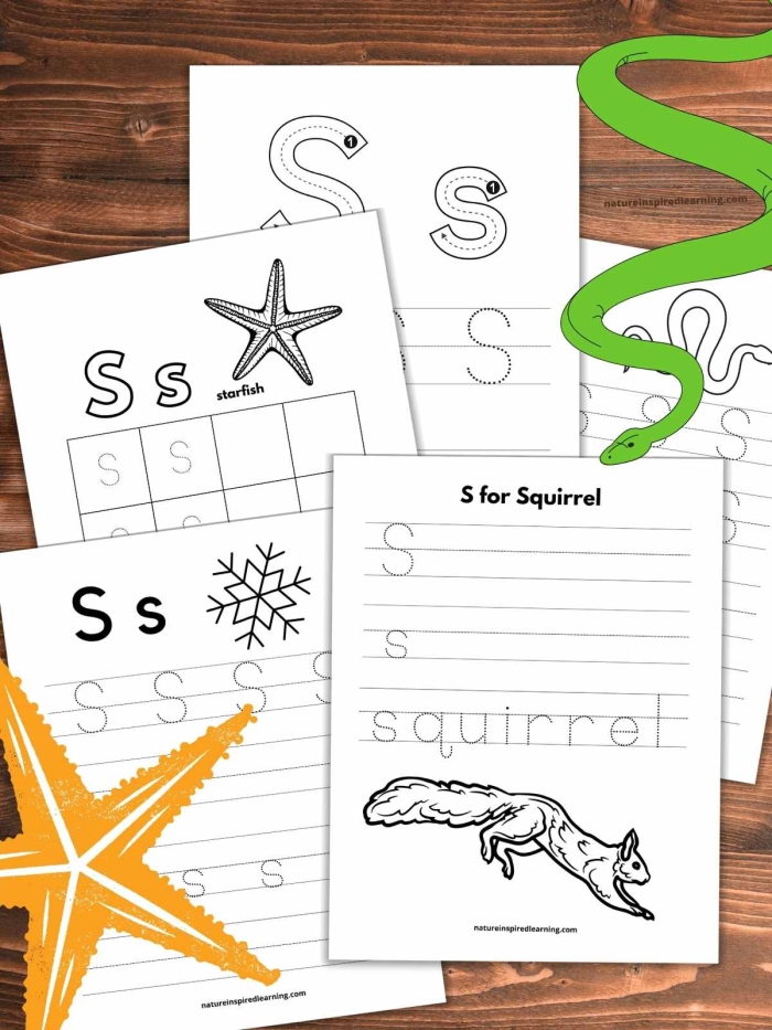 Pre-K worksheet showing a child practicing fine motor skills by tracing lines and the letter S