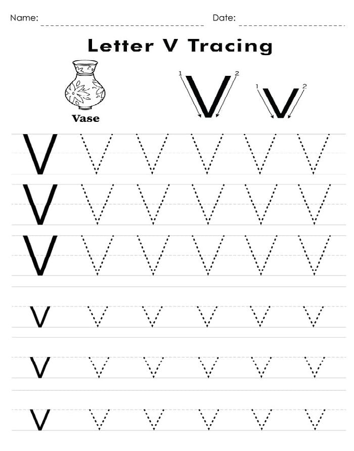 Practice Tracing the Letter V worksheet for preschoolers to develop writing skills Worksheet for tracing the letter V to enhance fine motor skills in Pre-K children