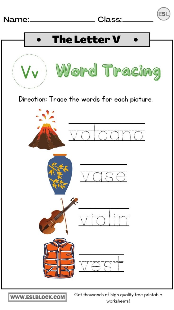 Practice Tracing the Letter V Worksheet for Pre-K Students Worksheet for practicing tracing the letter V to develop fine motor skills in Pre-K children