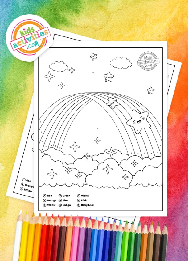 Pre-K geography worksheet with a color by number rainbow for fine motor development