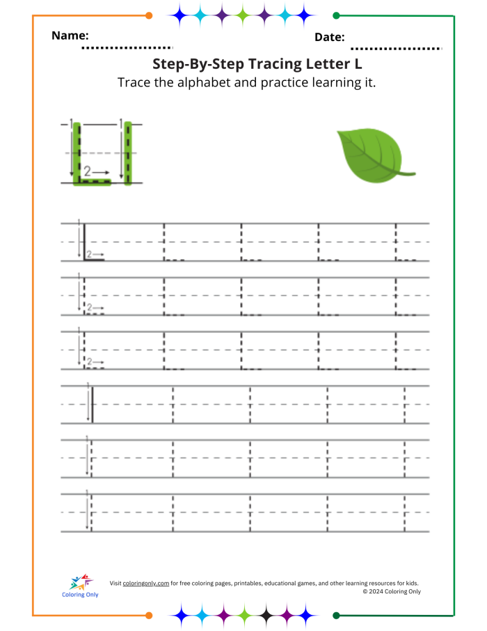 Worksheet for practicing tracing the letter L to enhance fine motor skills in Pre-K students