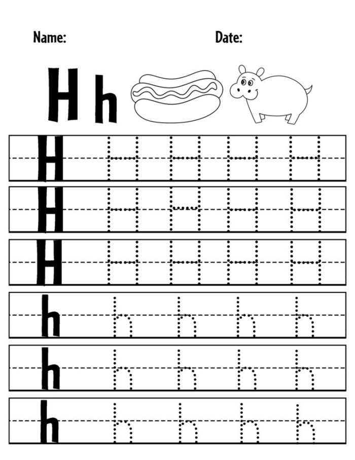 Worksheet image showcasing tracing activities for the letter H aimed at young learners Practice Tracing the Letter H worksheet designed for Pre-K children to enhance fine motor skills