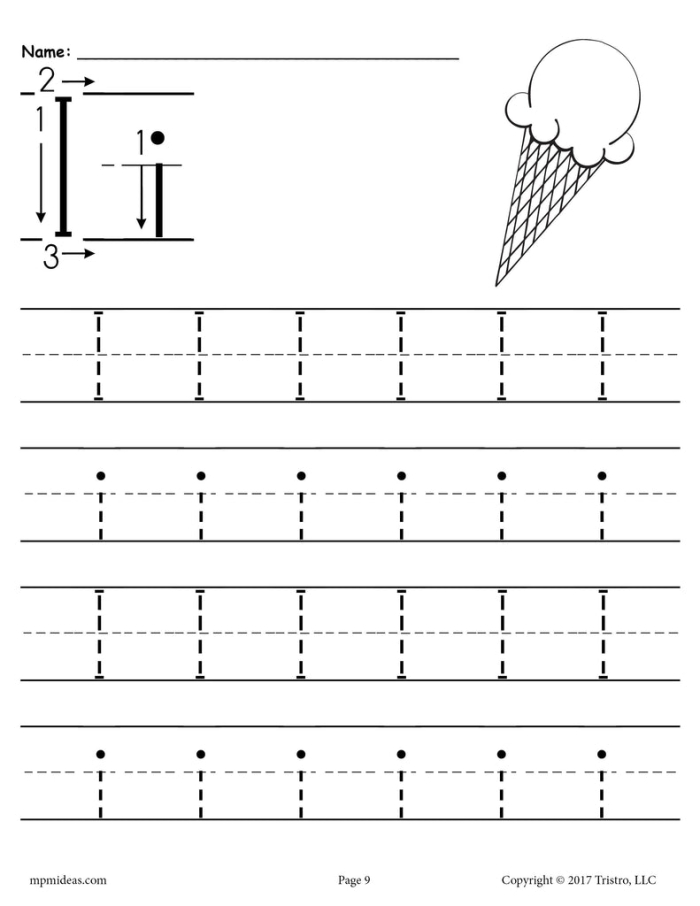Practice Tracing the Letter I worksheet for preschool learners Worksheet for tracing the letter I to help pre-K kids develop fine motor skills