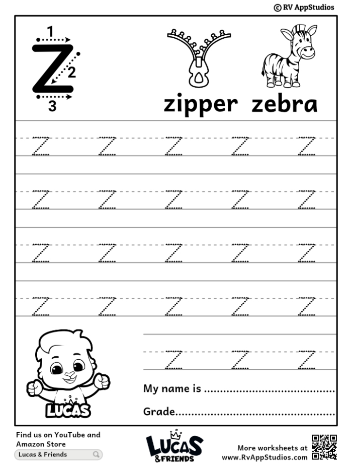 Worksheet for practicing tracing the letter Z, designed for pre-k children enhancing fine motor skills. Practice Tracing the Letter Z worksheet for Pre-K learners.