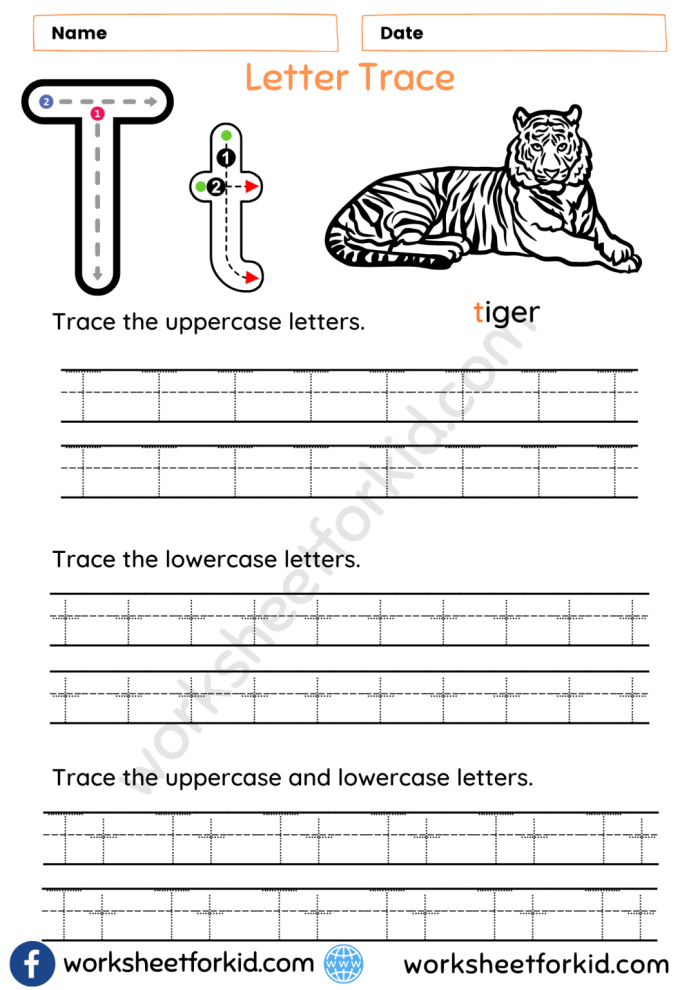 Worksheet image showing kids tracing lines and the letter T for writing practice Practice Tracing the Letter T worksheet for Pre-K students focusing on fine motor skills