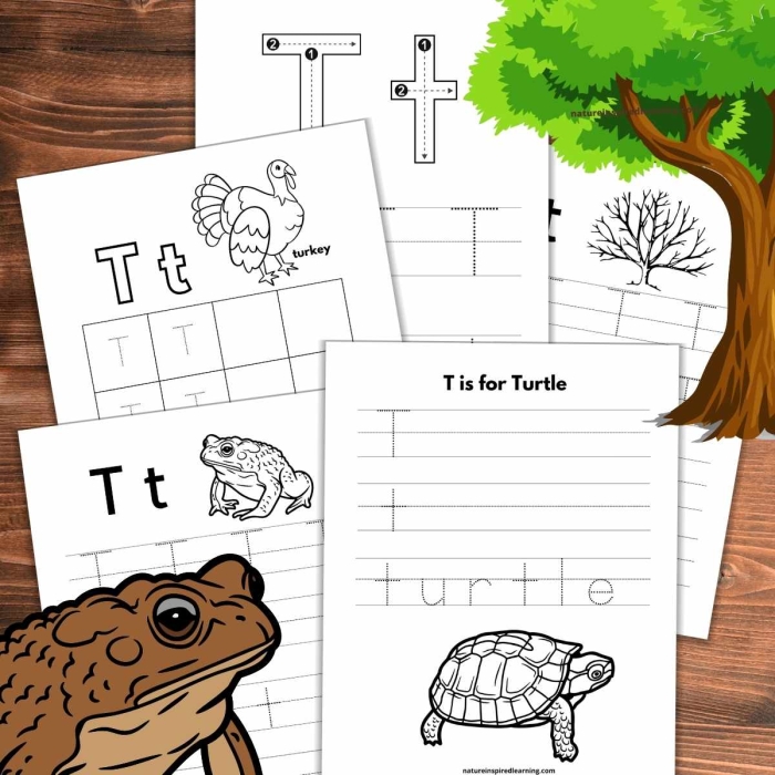 Writing worksheet for Pre-K Kids practice tracing the letter T on a fun worksheet designed for pre-K learners. Engaging Practice Tracing the Letter T worksheet for developing fine motor skills.