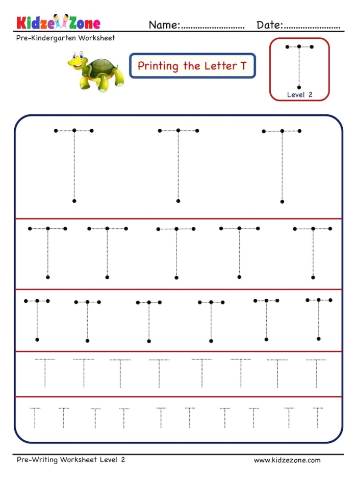 Worksheet for tracing the letter T aimed at preschool children Pre-K kids practicing tracing the letter T on a fun worksheet to enhance fine motor skills