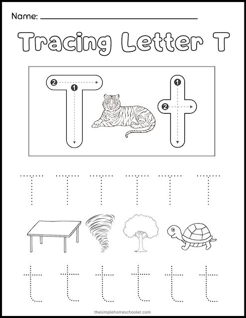 Worksheet illustration for tracing the letter T, designed for early writing development Practice Tracing the Letter T worksheet for Pre-K children to enhance fine motor skills