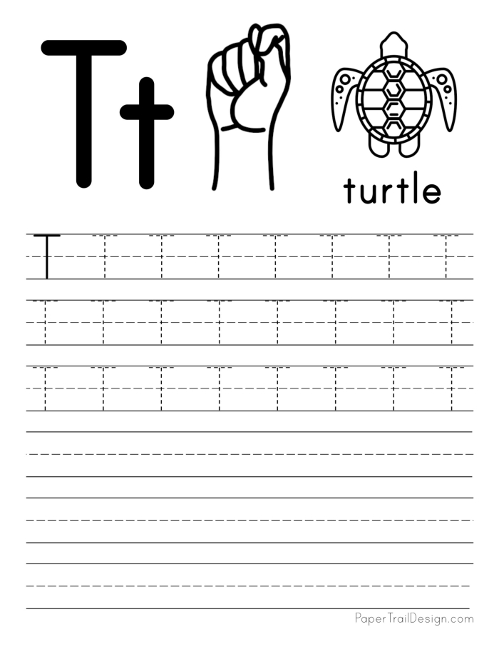 Writing worksheet for Pre-K Tracing worksheet for the letter T designed for Pre-K children to enhance fine motor skills. Practice Tracing the Letter T worksheet for young learners in Pre-K.