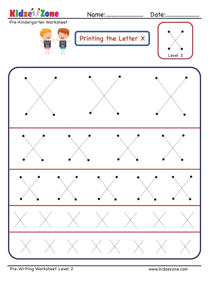 Kids practicing their fine motor skills by tracing the letter X on a prekindergarten worksheet