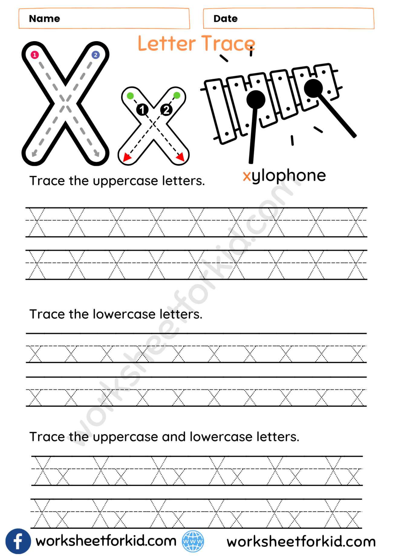 Worksheet for tracing the letter X to help pre-K kids develop fine motor skills