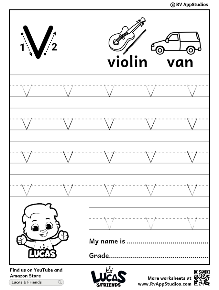 Geometry worksheet for Pre-K Kids practicing tracing the letter V on a fine motor skills worksheet for Pre-K geometry. Practice Tracing the Letter V worksheet for preschoolers to enhance writing skills.