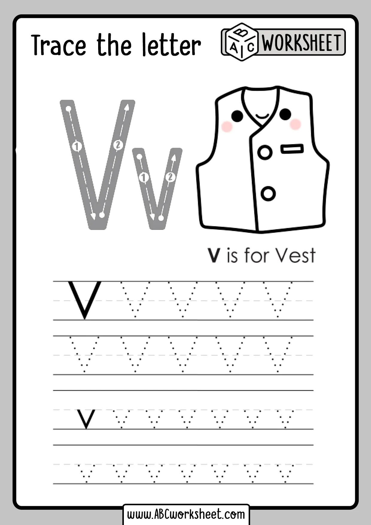 Worksheet image demonstrating the tracing of the letter V for young learners Practice Tracing the Letter V worksheet for Pre-K students to enhance fine motor skills