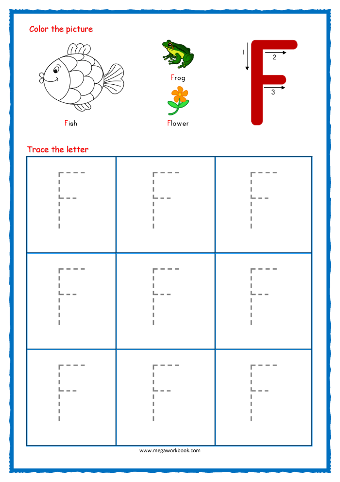 Practice Tracing the Letter F Worksheet for Pre-K Learning Kids tracing the letter F on a prekindergarten worksheet to develop fine motor skills