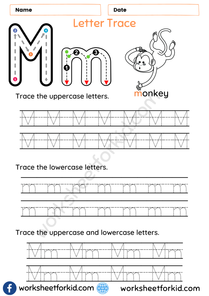 Tracing the Letter M Practice Worksheet for Pre-K Students Worksheet for practicing tracing the letter M to enhance fine motor skills in Pre-K children