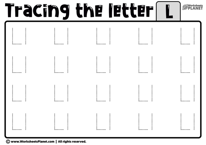 Worksheet for practicing tracing the letter L with fine motor skills activities