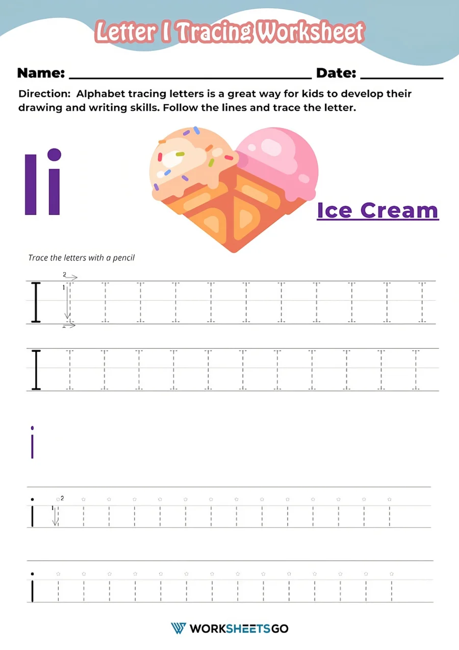 Worksheet image for tracing the letter I aimed at Pre-K geography education Kids practicing tracing the letter I on a prekindergarten worksheet to enhance fine motor skills