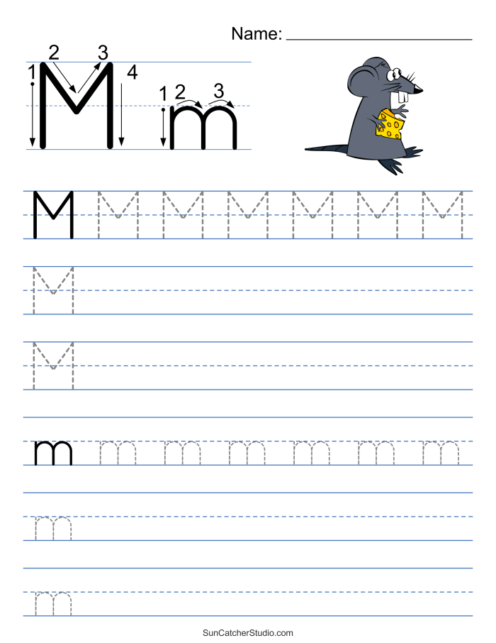 Worksheet for tracing the letter M designed for prekindergarten students Pre-K children practicing their fine motor skills by tracing lines and the letter M on a worksheet